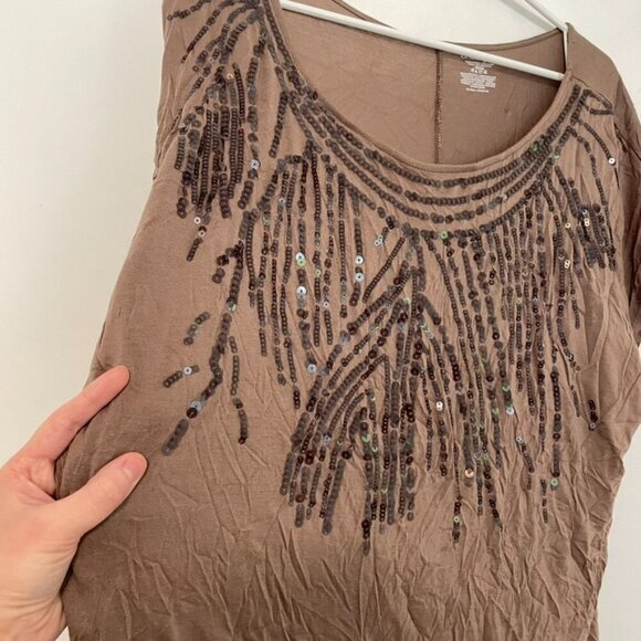 LANE BRYANT Plus Size Solid Brown Sequin Embellished Short Sleeve Blouse 22 / 24 - Picture 8 of 15
